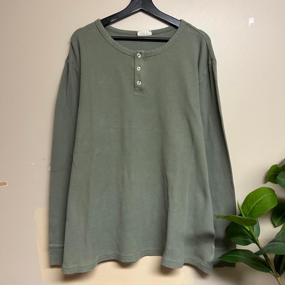 Life Is Good Mens XXL Jade Green Waffle Knit Thermal Henley Shirt Y2K